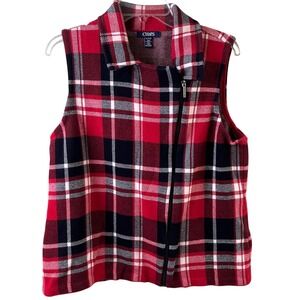 Chaps Asymmetrical Red Black White Notched Collar Zip Buffalo Plaid Vest Woman's